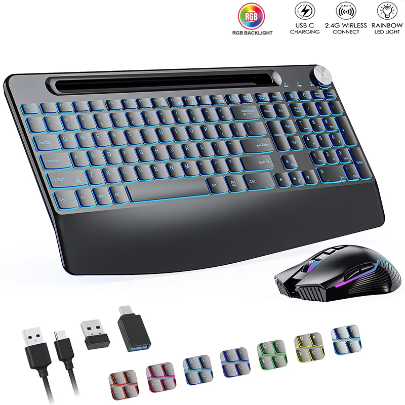 Gaming Keyboard Mouse Combo - 2.4G&Type-C draadloze toetsenbord-muiscombinatie met polssteun, RGB-achtergrondverlichting,